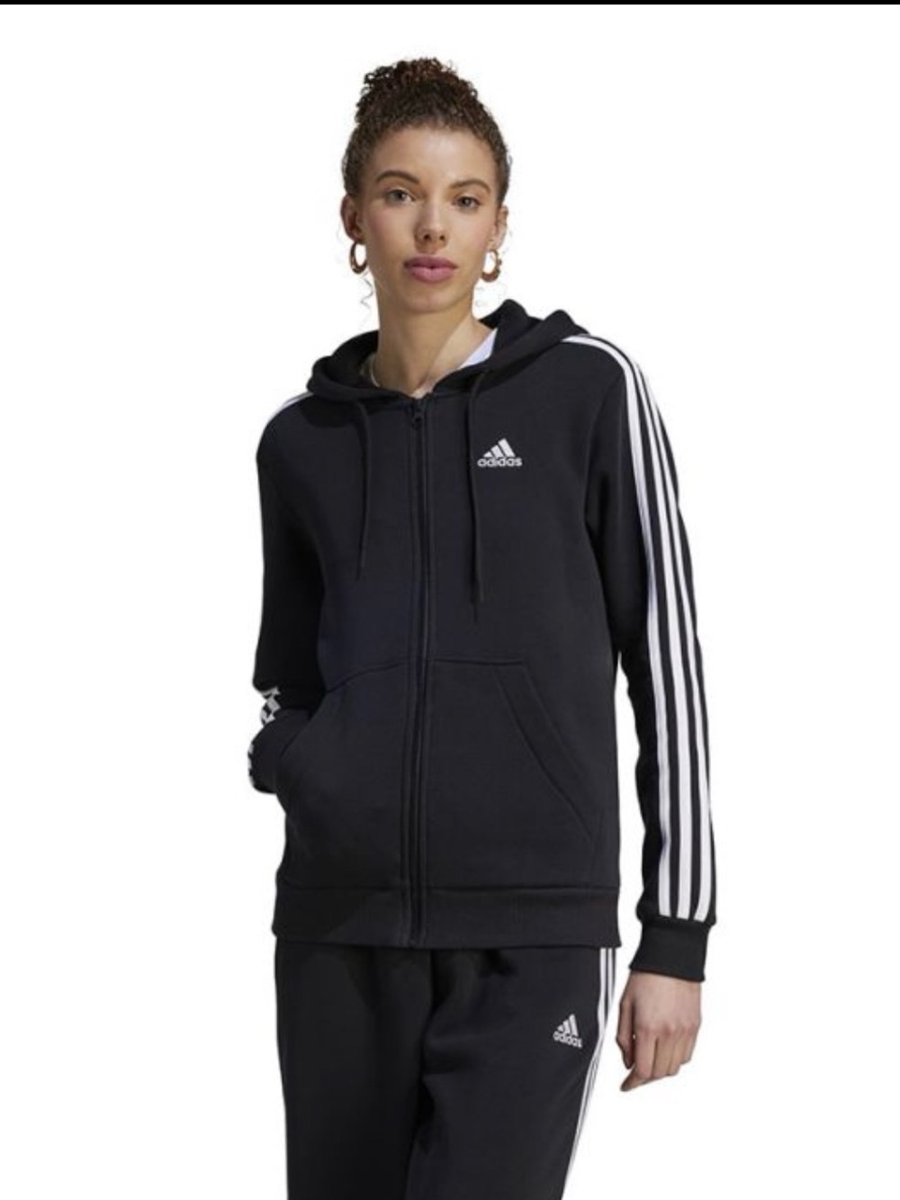 adidas Womens Black 3 Stripes Full Zip Hoodie Sweatshirt White Logo Size S